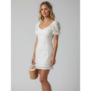 Guess Los Angeles Floral Ivory Lace Mini Dress Size 6 Puff Sleeve Deep V